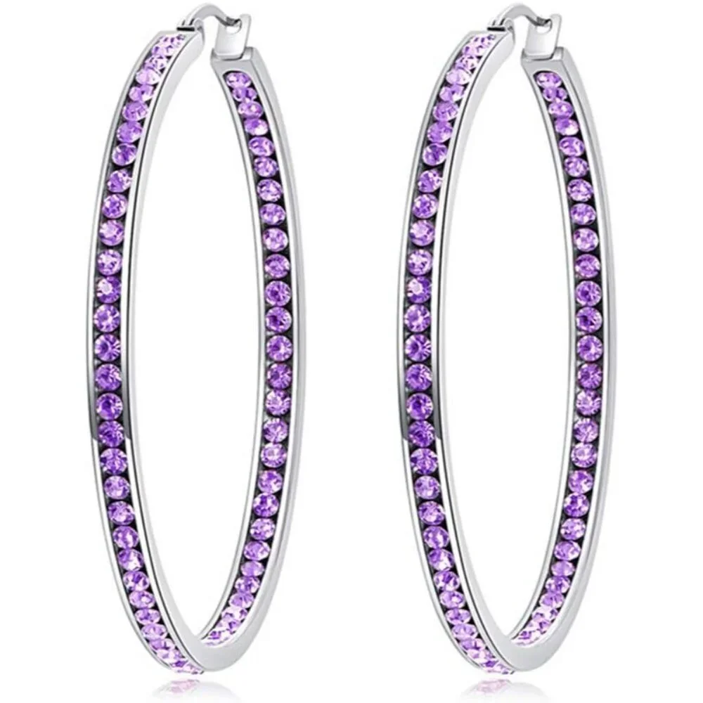 Multicolor Crystal Stainless Steel Hoop Earrings Big Hypoallergenic for Sensitiv